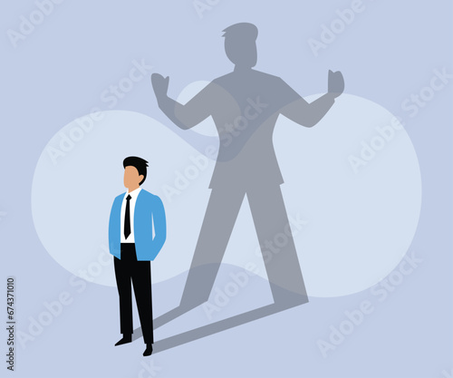 Businessman standing and casting a shadow of a strong superhero 2D flat vector concept for banner, website, illustration, landing page, flyer, etc