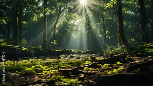 morning scene in a beautiful forest with the sun and light shining through the trees