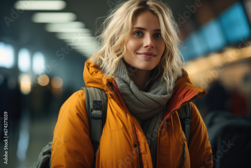 Woman dressed in orange jacket is standing in airport. This image can be used to depict travel, transportation, or waiting at airport.
