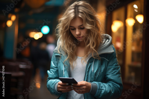 Woman in blue jacket looking at her cell phone. Suitable for technology  communication  and lifestyle themes.
