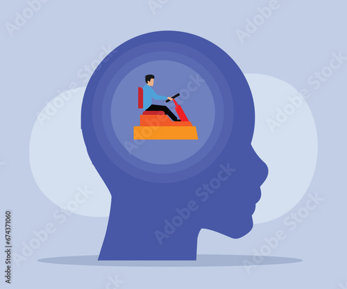 Human head being controlled by a businessman 2D flat vector concept for banner, website, illustration, landing page, flyer, etc