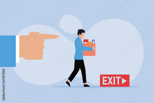 Businessman walking out carrying a box filled with his personal belongings 2D flat vector concept for banner, website, illustration, landing page, flyer, etc