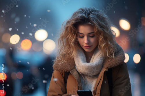 Woman standing in snow  focused on her cell phone. This image can be used to depict technology in winter settings.