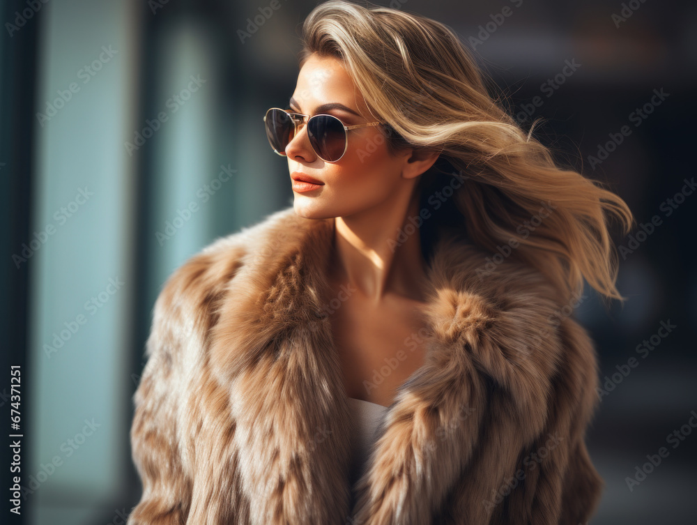 Stylish woman in fur coat and sunglasses on city street. Stylish woman in fur coat and sunglasses on city street.