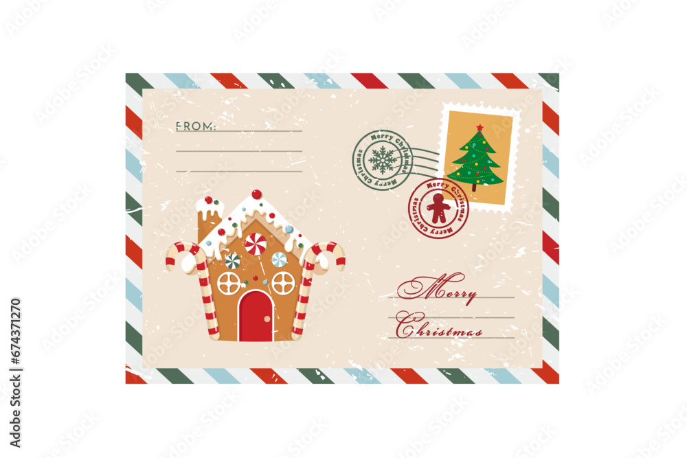 Christmas envelope with stamps, seals, gingerbread man and inscriptions Merry Christmas