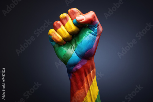 Person's hand with rainbow painted fist. This image can be used to represent unity, pride, and support for LGBTQ rights.