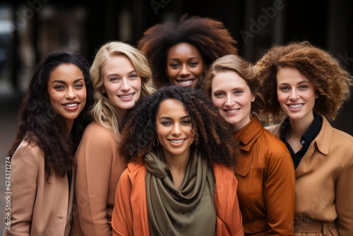 Half-length portrait of six cheerful young diverse multiethnic women outdoors. Female friends in beautiful dresses smiling at camera while posing together. Diversity, beauty, friendship concept.