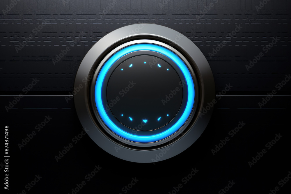 Black button with blue light illuminating it. This image can be used to represent technology, modern gadgets, or user interfaces. - obrazy, fototapety, plakaty 