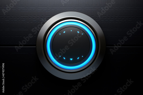 Black button with blue light illuminating it. This image can be used to represent technology, modern gadgets, or user interfaces. photo