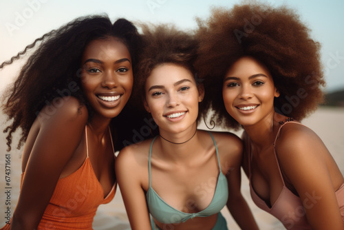Three women standing together on beach. Perfect for travel, friendship, and vacation concepts.