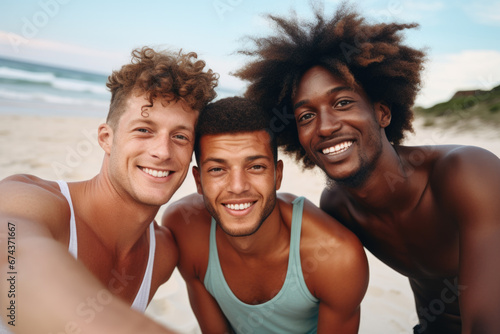 Three men standing next to each other on beach. Perfect for travel or vacation-themed projects. © vefimov