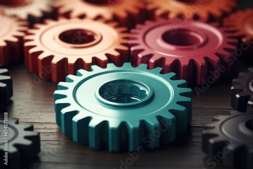 Detailed close-up of collection of gears placed on table. This image can be used to represent concepts such as mechanics, engineering, technology, or industrial processes. photo