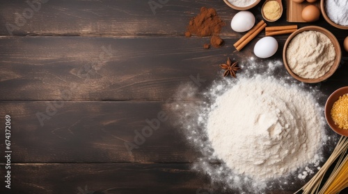 Top view, Ingredients for baking - flour, eggs, salt, sugar, milk. copy space