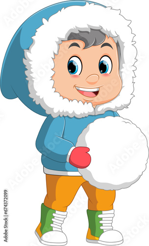 cute boy in winter clothes with big snowball