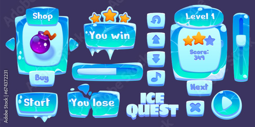 Ice or glass gui elements covered with snow - cartoon vector illustration set of game user interface design buttons and arrows, score level bar with stars, menu sign frames and boards for text.