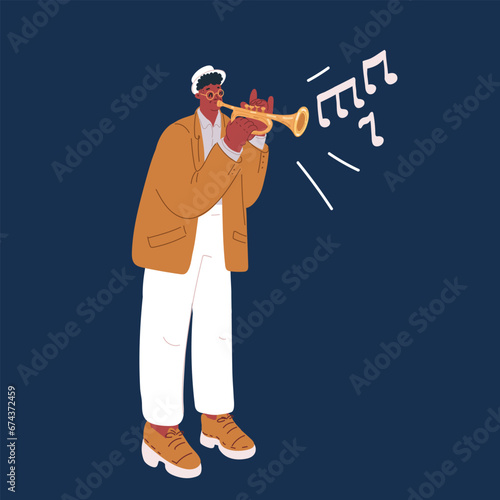 Cartoon vector illustration of Jazz band playing music at festival, concert or perform on stage. Musicians play musical instruments - saxophone, drums, trumpet, double bass