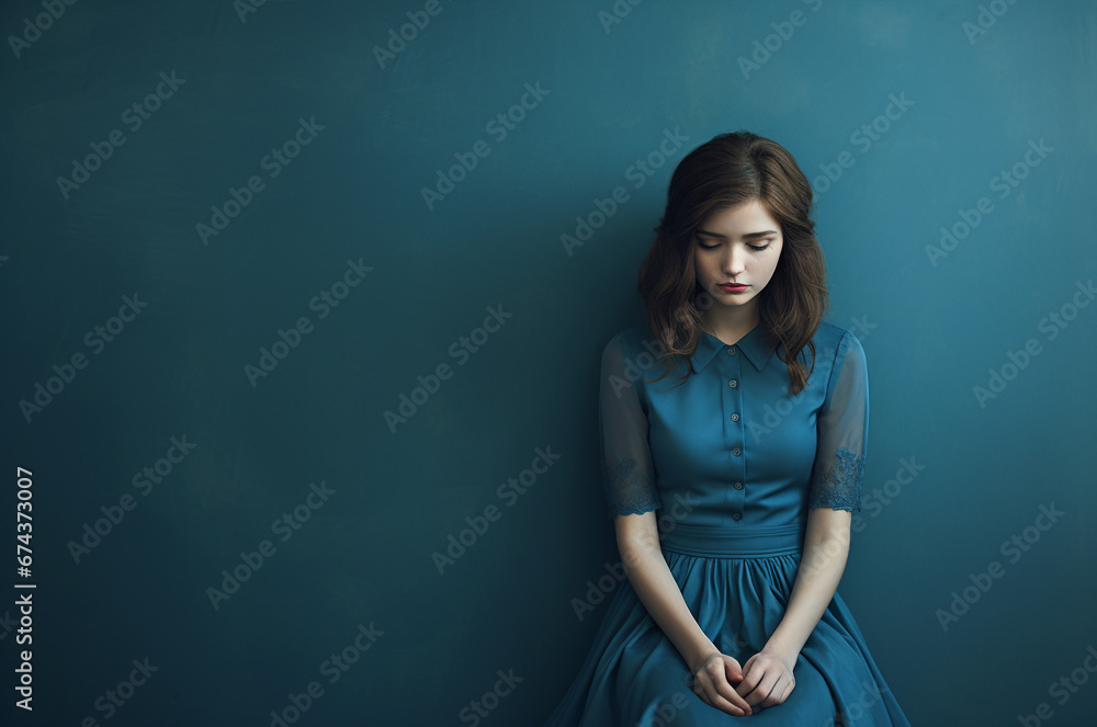 Blue Monday. Sad Monday. Girl in a blue dress on a blue background Blue Monday. Sad Monday. Girl in a blue dress on a blue background
