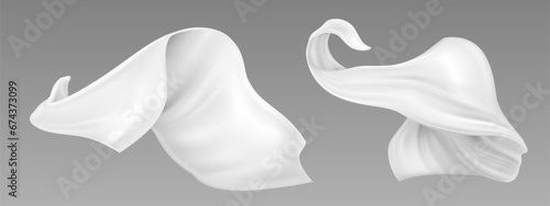 Ribbon of white silk fabric flying and waving in air. Realistic vector illustration set of satin scarf or curtain flow on wind. breeze blows soft smooth textile cloth and curves tissue drapery.