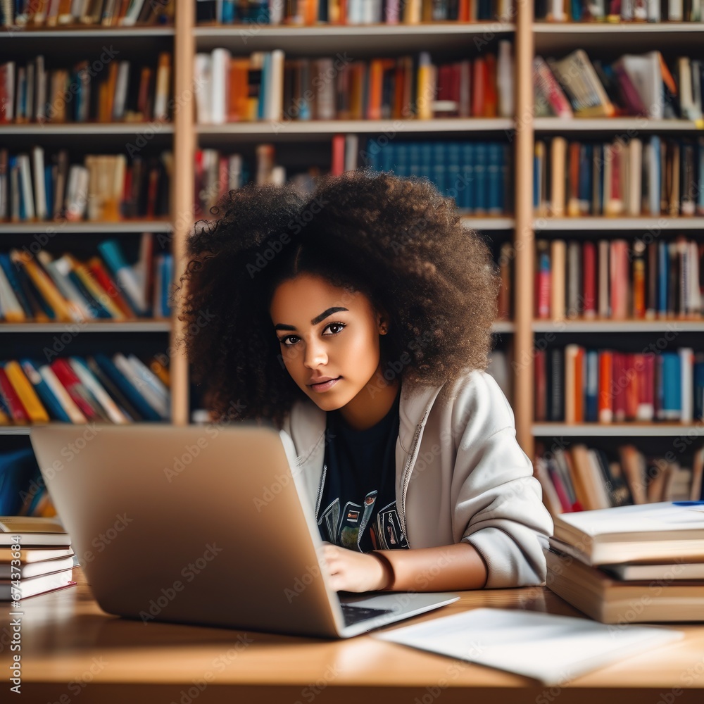 Student girl in the library studying on a laptop