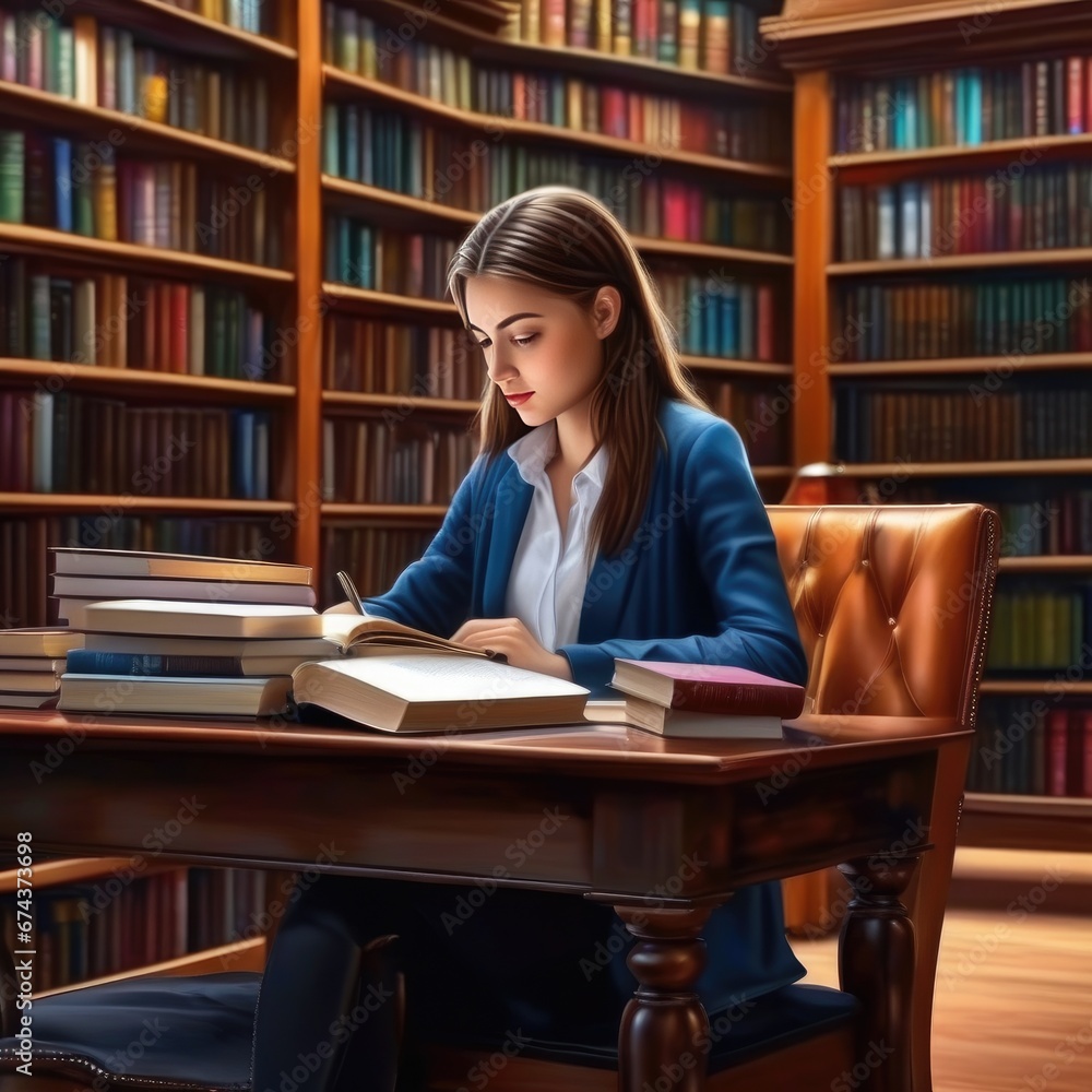 Student girl in the library studying on a laptop Student girl in the library studying on a laptop