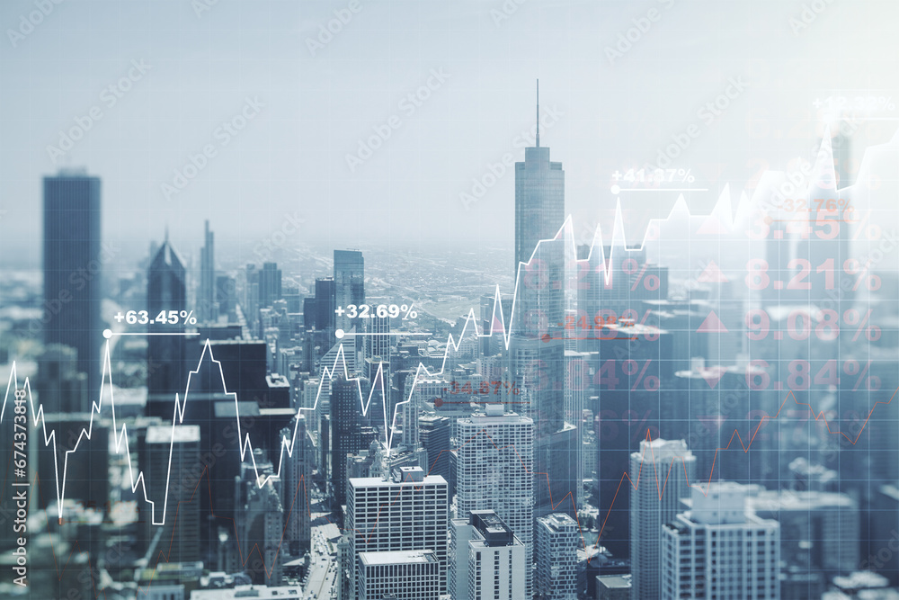 Abstract virtual financial graph hologram on Chicago skyline background, forex and investment concept. Multiexposure