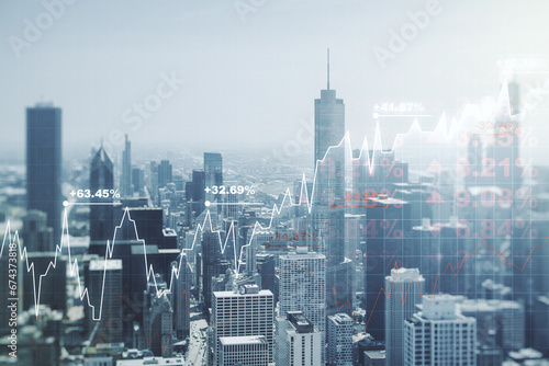 Abstract virtual financial graph hologram on Chicago skyline background  forex and investment concept. Multiexposure