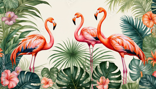 pink flamingos and palm leaves in the tropics background