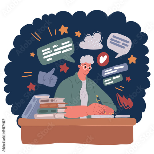 Cartoon vector illustration of Focused millennial studying or working with his education