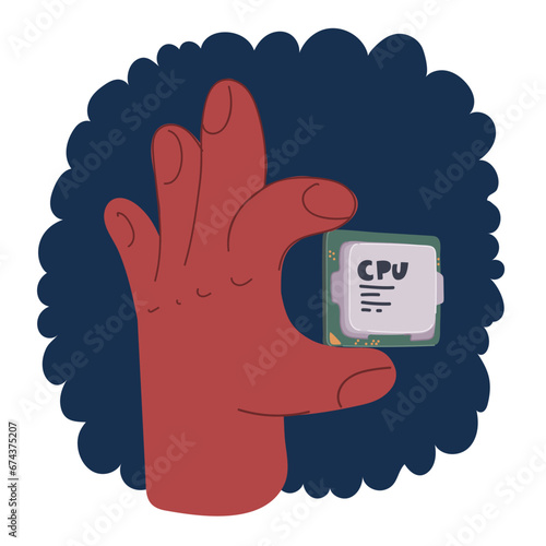 Cartoon vector illustration of man's hand holding a computer processor