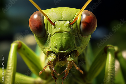 Close-up shot of green grasshopper, praying mantis, insect. © Gun