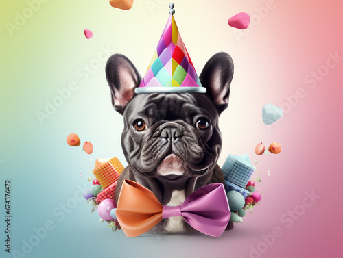 illustration of cute French bulldog in blue birthday hat on colorful festive background