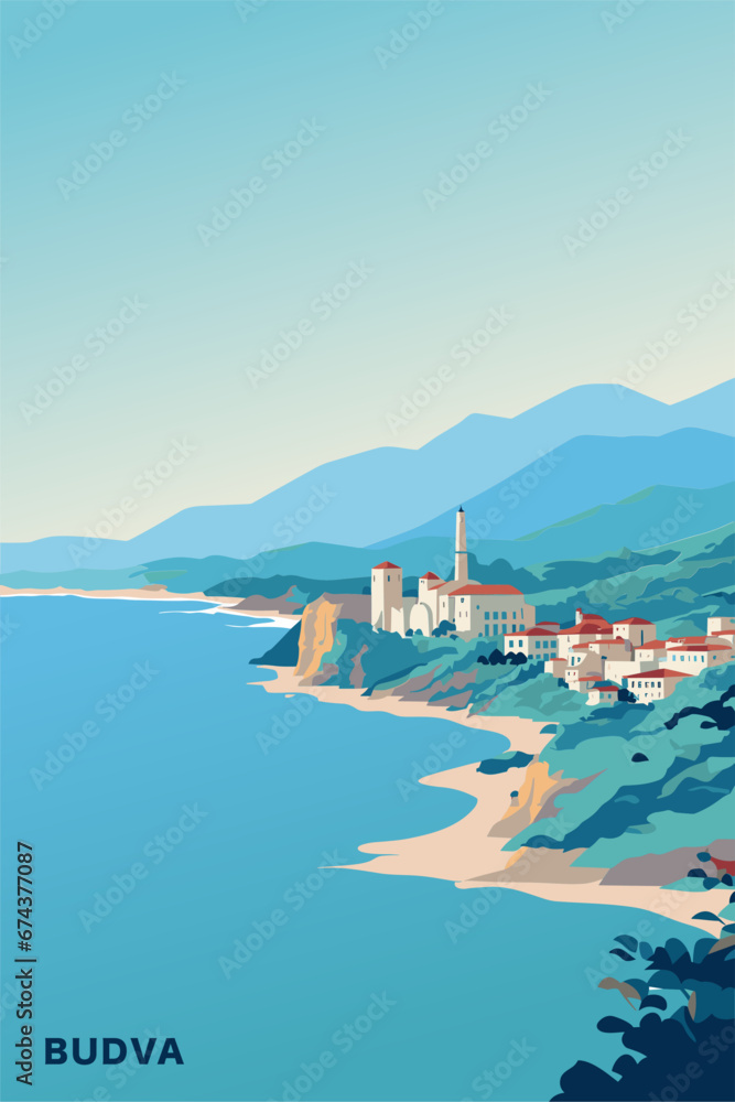 Obraz premium Montenegro Budva town skyline poster with abstract shapes of landmarks, hills and coastline. Vintage travel Adriatic Sea village with cityscape vector illustration
