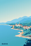 Montenegro Budva town skyline poster with abstract shapes of landmarks, hills and coastline. Vintage travel Adriatic Sea village with cityscape vector illustration