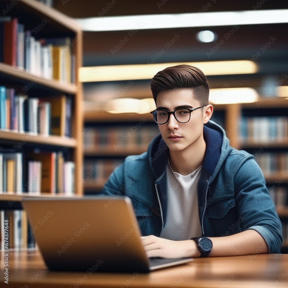 Student guy in the library studying on a laptop Student guy in the library studying on a laptop