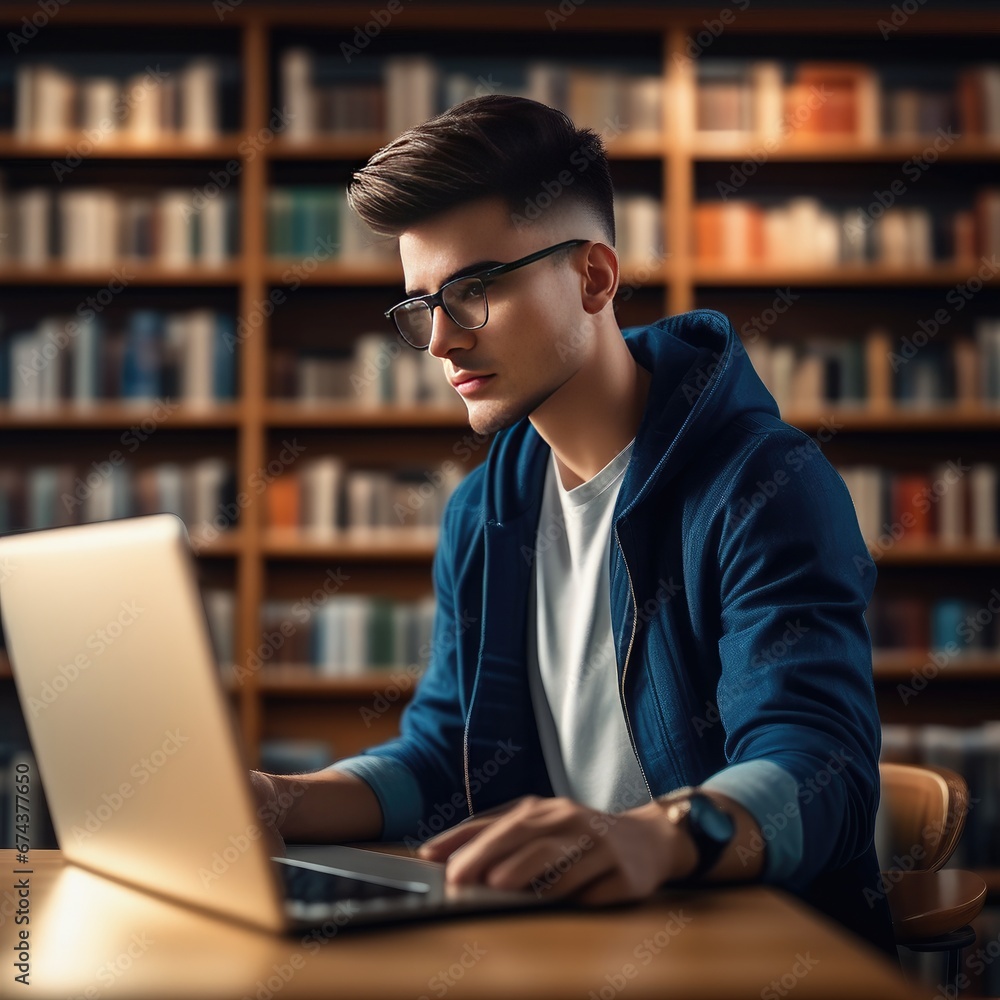 Fototapeta premium Student guy in the library studying on a laptop