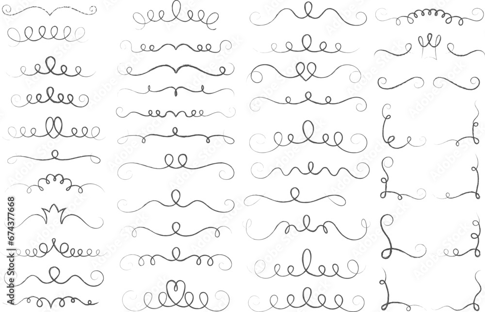 Underlines set with swishes swooshes and curly strokes. Swash hand drawn dividers. Squiggle calligraphy elements. Vector swirl doodle with hearts and crowns.