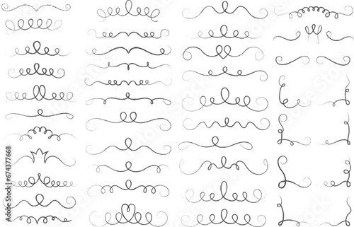 Underlines set with swishes swooshes and curly strokes. Swash hand drawn dividers. Squiggle calligraphy elements. Vector swirl doodle with hearts and crowns.