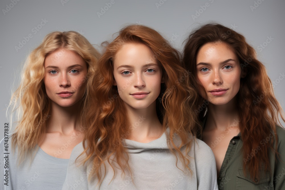 Half-length studio portrait of three charming young Caucasian women. Female models with diverse hair colors smiling at camera while posing together. Diversity, beauty concept. Grey background. Half-length studio portrait of three charming young Caucasian women. Female models with diverse hair colors smiling at camera while posing together. Diversity, beauty concept. Grey background.