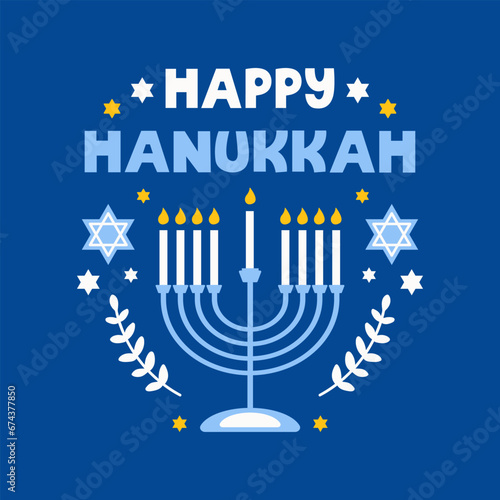 Hanukkah flat vector illustration isolated on a blue background. Traditional jewish holiday greeting card design with happy hanukkah congratulation