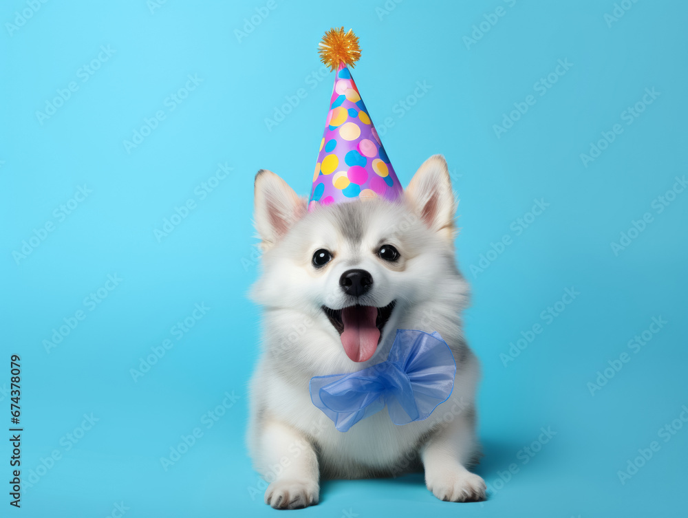 Cute funny dog in birthday cap isolated on colorful background. Greetings card pattern