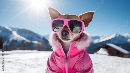 A happy, active, small, cheerful dog in a pink jacket and glasses runs through the snow overlooking a snowy landscape of a forest and mountains, at a ski resort.