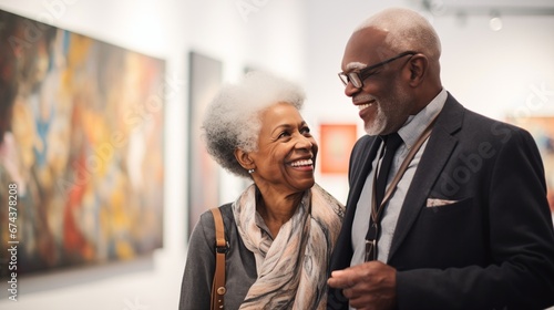 A content senior African American couple admiring modern art at a gallery opening