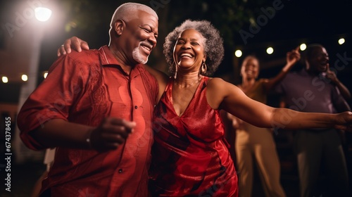 A content senior African American couple dancing salsa at a social event photo