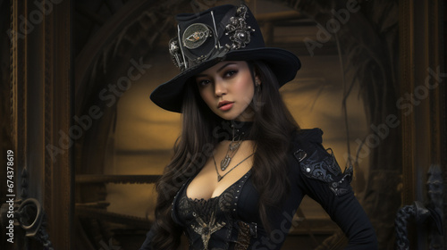 Women dressed in steampunk costumes.