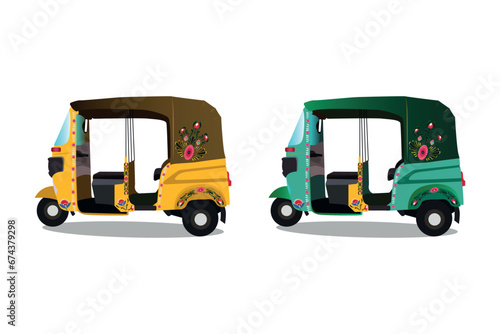 Set of yellow and Green auto-rickshaw illustrations in India. with rickshaw paint on it. Side view of tuk-tuk.