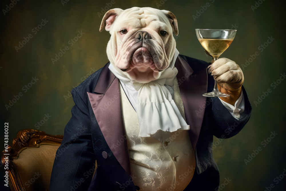 illustration of royal person bulldog sitting with glass of wine at the table. Celebrating concept - obrazy, fototapety, plakaty 