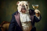illustration of royal person bulldog sitting with glass of wine at the table. Celebrating concept