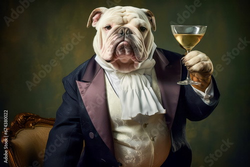 illustration of royal person bulldog sitting with glass of wine at the table. Celebrating concept photo