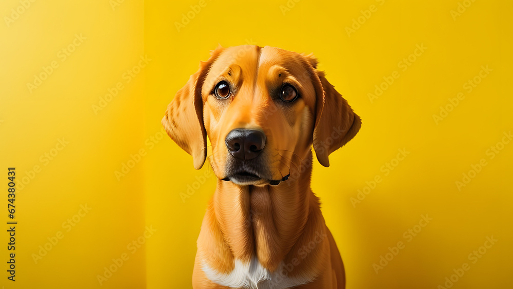 Cute brown dog labrador retriever facing the camera yellow background closeup