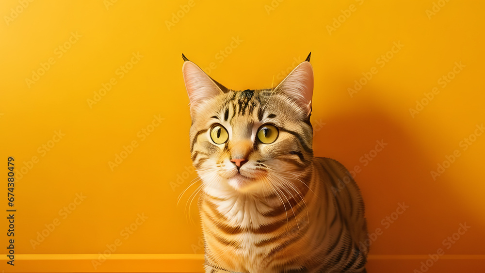 Cute tabby cat facing the camera yellow background closeup